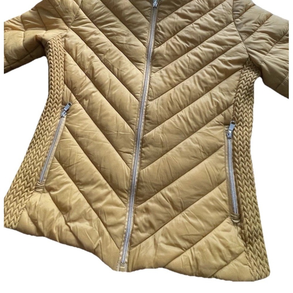 Love Tree Women's Sz L Puffer Jacket Mustard/Gold Removable Hood Faux Fur - Picture 3 of 8